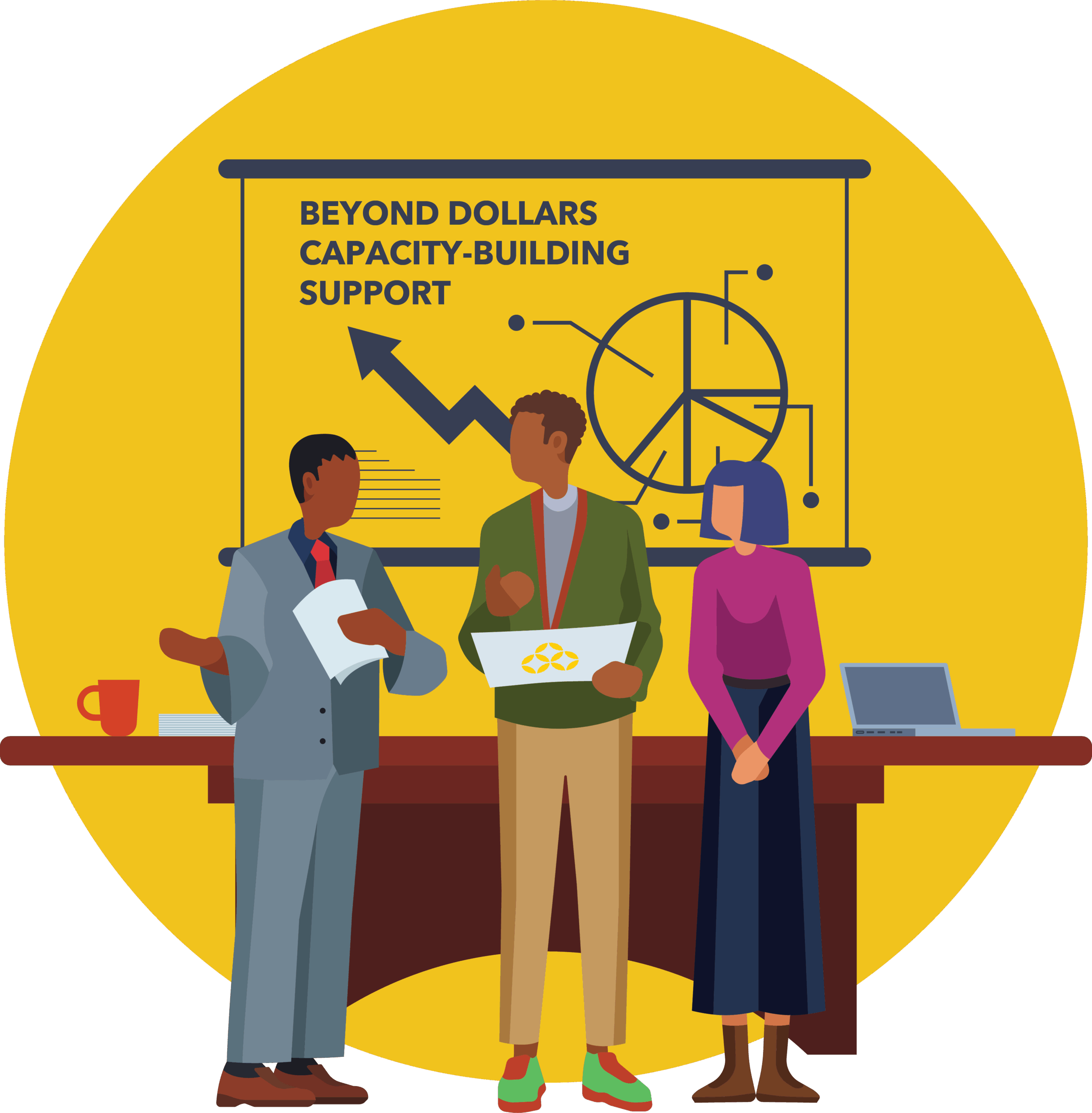An illustration of people talking in front of a chart that says Beyond Dollars Capacity-Building Support.