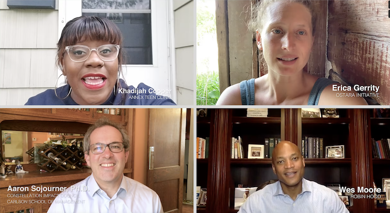 A video grid of four Constellation Fund partners: Khadijah Cooper, Annex Teen Clinic; Erica Gerrity, Ostara Initiative; Aaron Sojourner, Ph.D., Constellation Impact Council, Carlson School of Management; Wes Moore, Robin Hood.