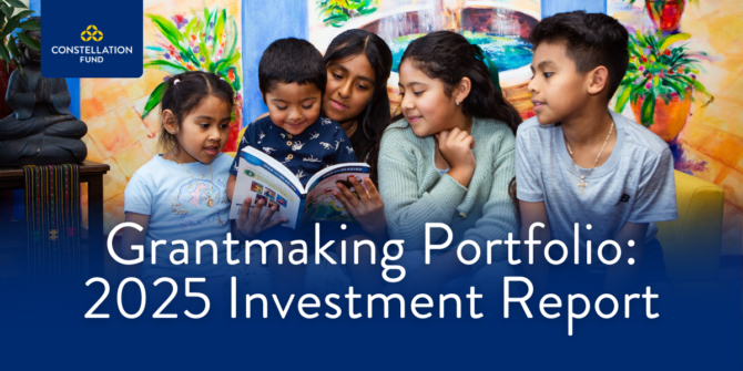Youth gather around a book. The words "Grantmaking Portfolio: 2025 Investment Report" appear as an overlay across the image.